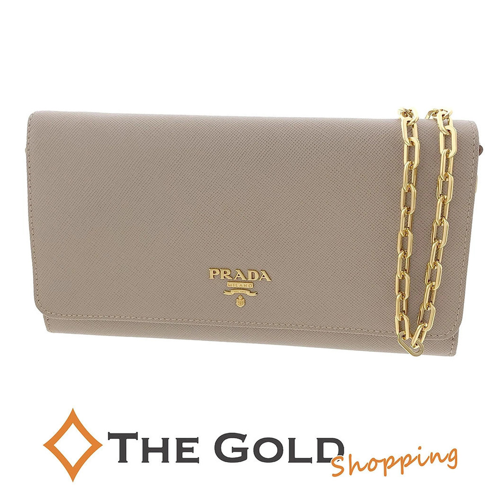 Prada Chain Wallet Saffiano Cameo Beige Tan